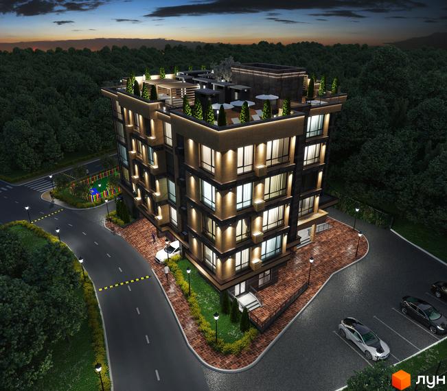 Вечірній вигляд Житлового комплексу Park House Deluxe з підсвіченим фасадом, вікнами та озелененою терасою на даху. Поруч дорога та парковка.