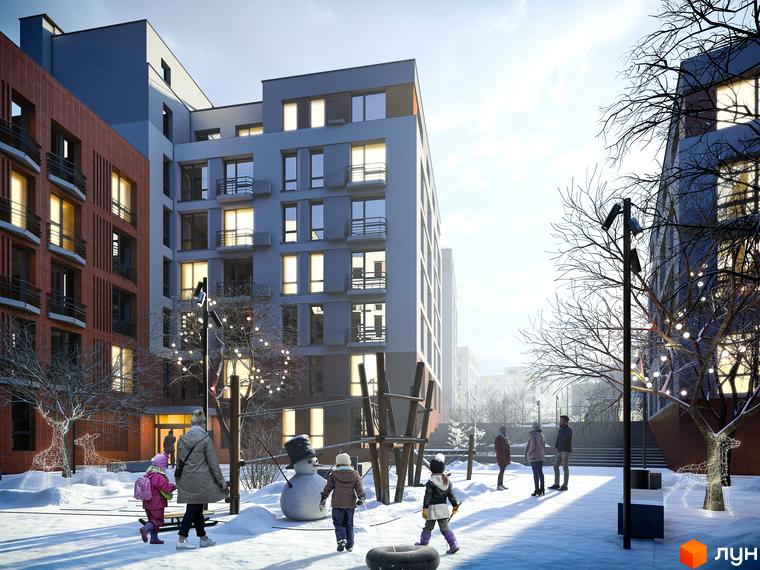 Житловий комплекс ЖК РЕМ: фасади будівель з цегляним та сірим оздобленням, зимовий двір з дитячим майданчиком та снігом.