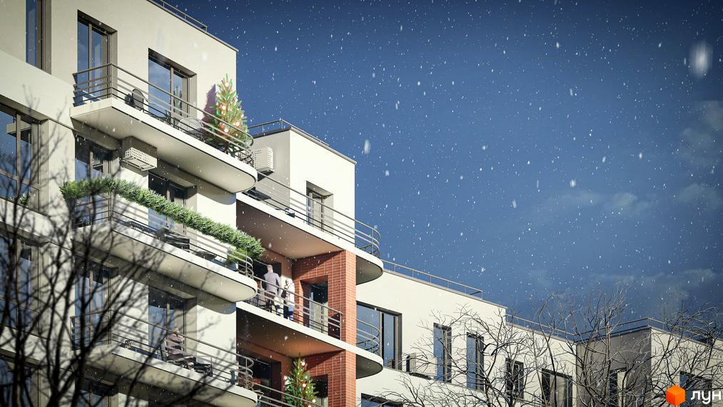 Житловий комплекс РЕМ: багатоквартирний будинок з білим фасадом, балконами та цегляними вставками, на тлі зимового неба зі снігом.