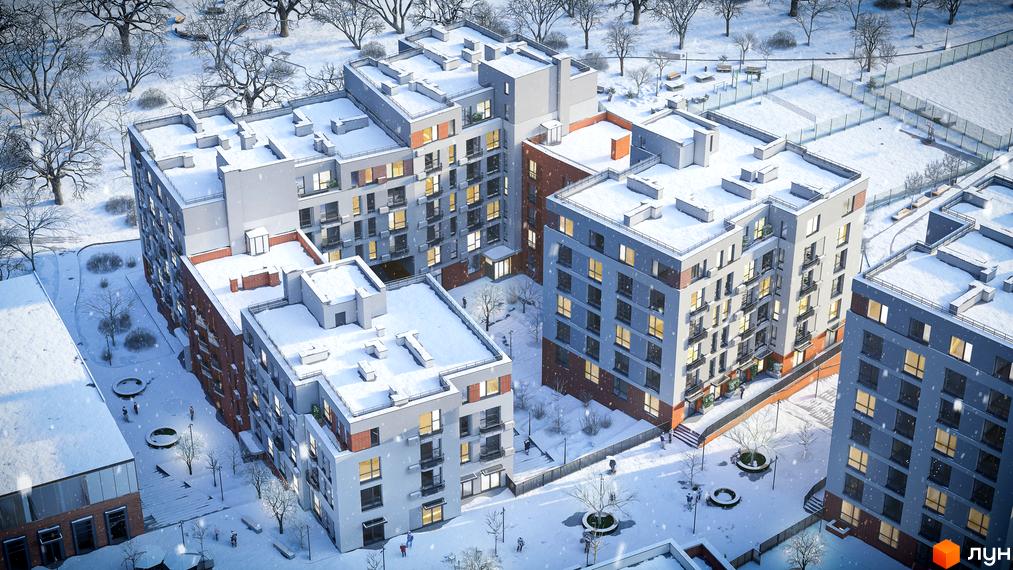 Житловий комплекс РЕМ взимку: багатоповерхові будинки світлих відтінків з вікнами та балконами. Прибудинкова територія засніжена, з деревами та пішохідними доріжками.
