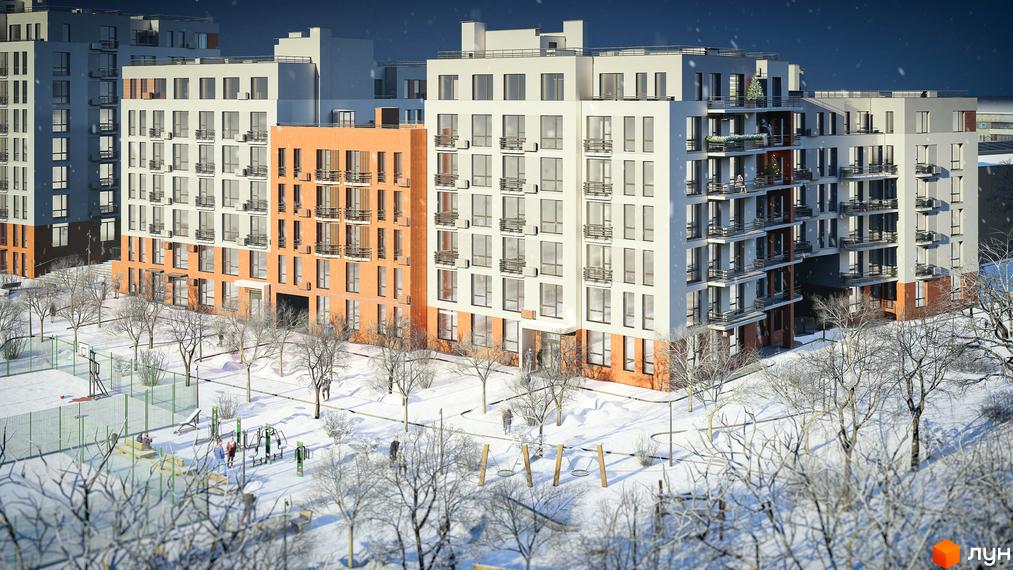 Житловий комплекс РЕМ – це сучасна новобудова з цегляним фасадом та великою кількістю балконів, розташована на фоні зимового пейзажу з дитячим майданчиком та спортивними зонами.