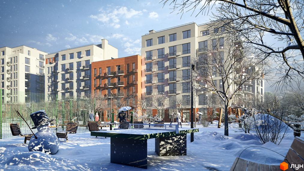 Житловий комплекс РЕМ: багатоповерхові будинки світлих та цегляних відтінків. Засніжений двір з тенісним столом, лавками та спортивним майданчиком.