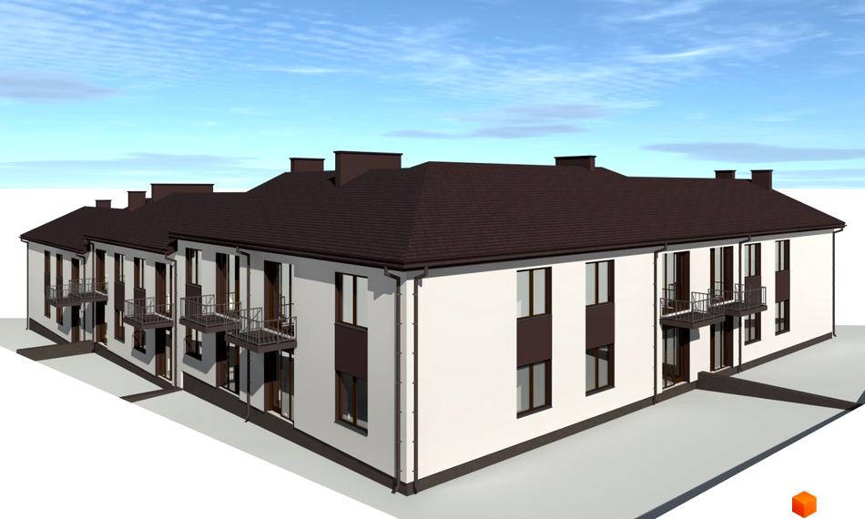 Зовнішній вигляд житлового комплексу на вул. Петриківська, 22, з білими стінами, коричневими вікнами та дахом, а також балконами. Навколо будинку розташована сіра прибудинкова територія.