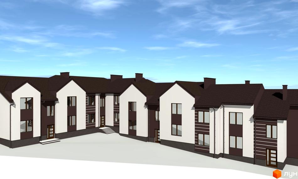 Зображення фасаду будинку на вулиці Петриківська, 22. Житловий комплекс з двоповерховими будинками та коричневими дахами.