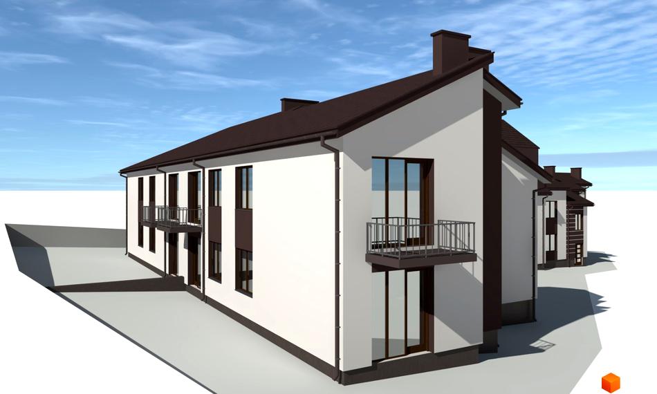 Зображення фасаду будинку на вулиці Петриківська, 22. Житловий комплекс з балконами та коричневим дахом на тлі блакитного неба.