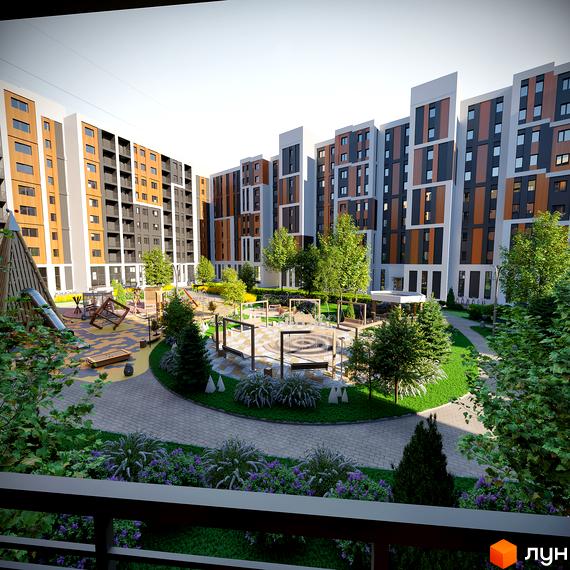 Житловий комплекс КЕЛЬЦЕ з фасадами оздобленими деревом та темними панелями, з внутрішнім двором, дитячим майданчиком та зонами відпочинку.