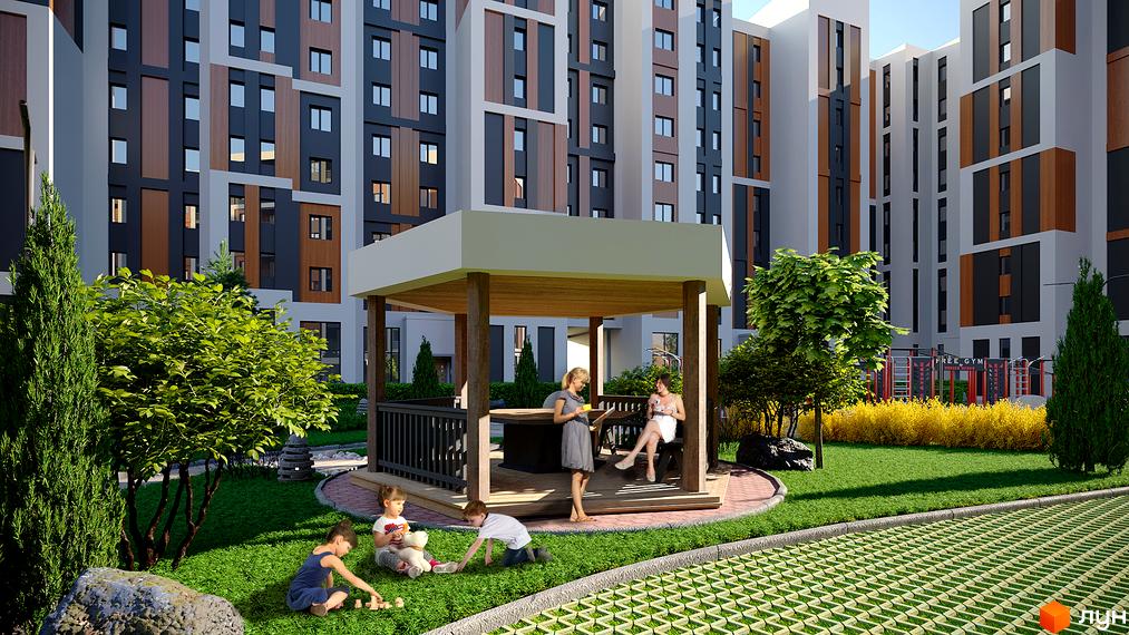 Житловий комплекс КЕЛЬЦЕ з сучасною архітектурою та зеленою прибудинковою територією з дитячим майданчиком та зоною відпочинку.