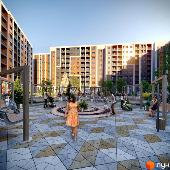 Житловий комплекс КЕЛЬЦЕ з дитячим майданчиком, фонтаном та зонами відпочинку. Сучасна архітектура новобудови та доглянута прибудинкова територія.