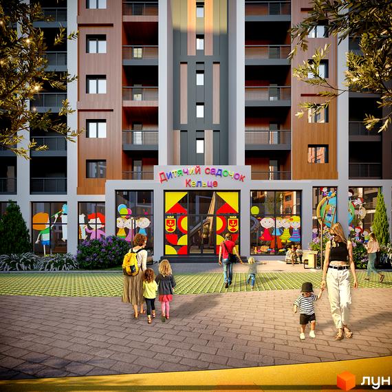 Зовнішній вигляд новобудови ЖК Кельце з дитячим садком та прибудинковою територією. На зображенні видно фасад будинку, вікна з малюнками дітей та людей, що гуляють.