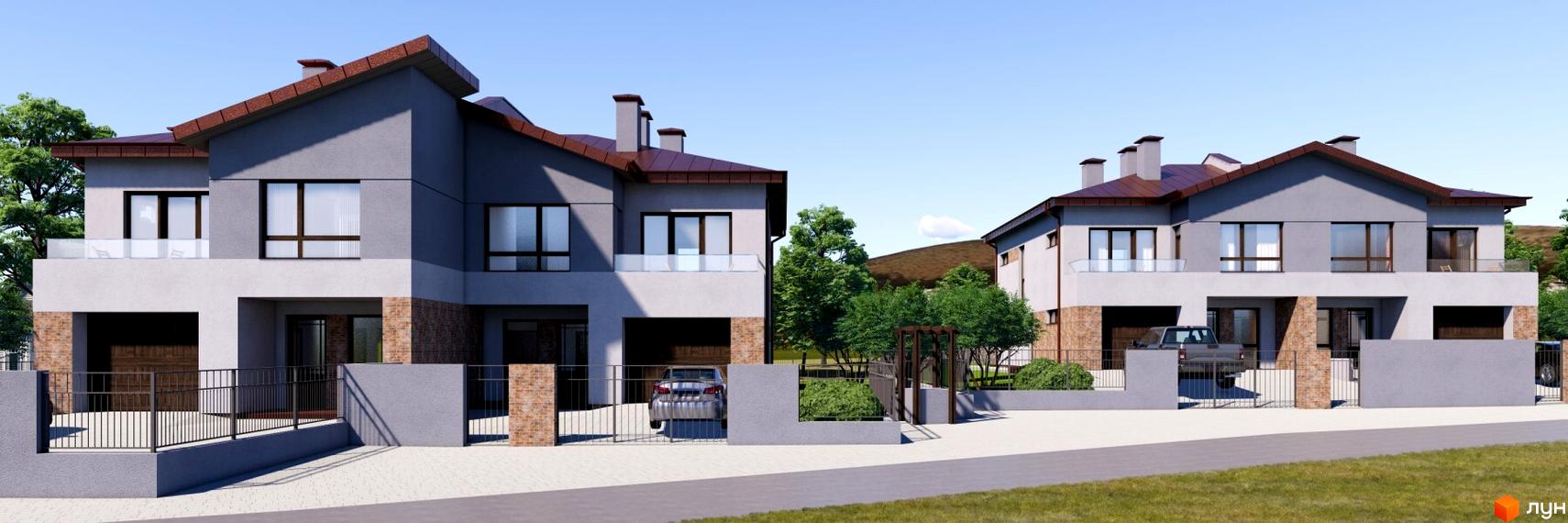 Котеджне містечко Великі Гаї: двоповерхові будинки світлих відтінків з коричневими дахами та цегляними елементами. Прибудинкова територія з огорожами та зеленню.