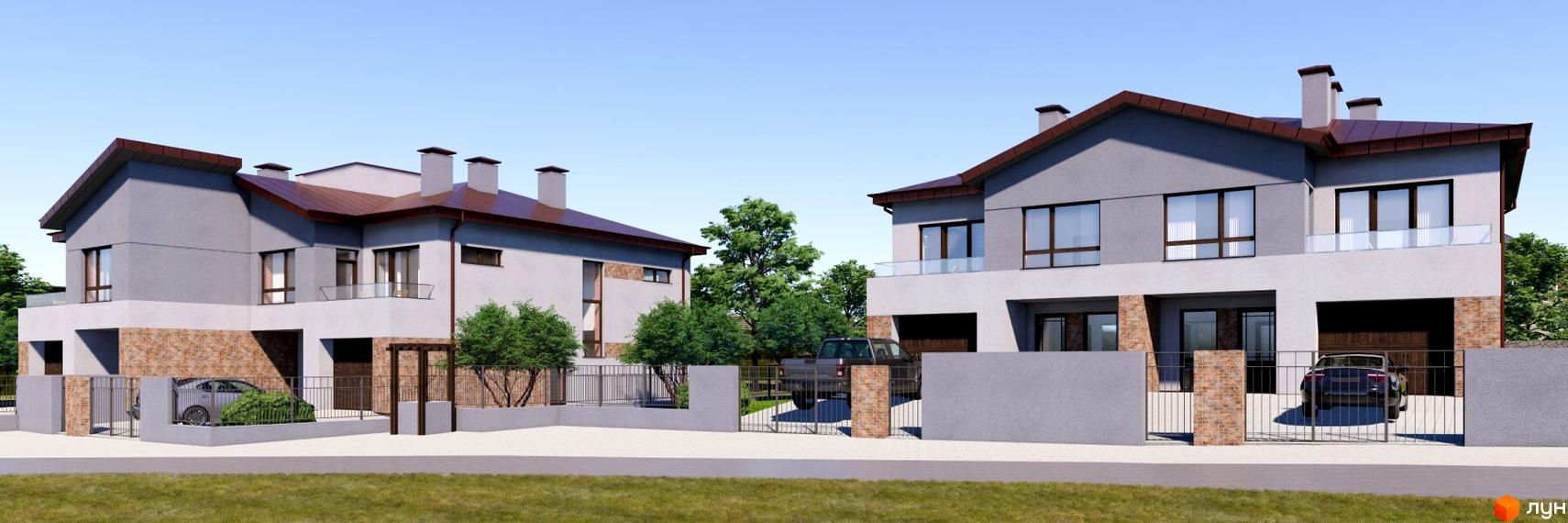 Два будинки Котеджного містечка Великі Гаї: світлі фасади, коричневі дахи, цегляні вставки. Територія з огорожами, зеленими насадженнями та місцями для авто.