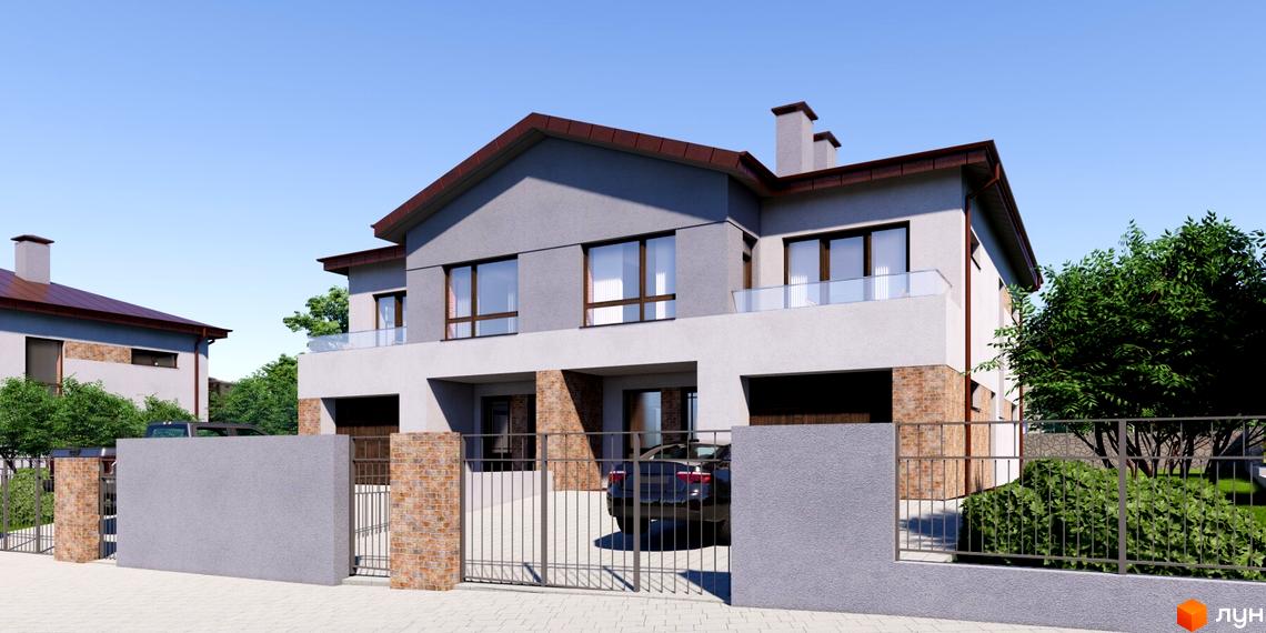 Котеджне містечко Великі Гаї: двоповерхові будинки сіро-білого кольору з коричневими дахами, балконами та гаражами. Прибудинкова територія має огорожу та зелені насадження.