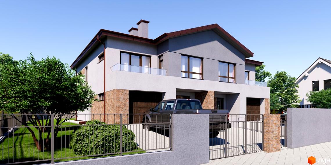 Котеджне містечко Великі Гаї: двоповерховий будинок з світлим фасадом, цегляними елементами та балконами. На території доглянутий газон та огорожа.