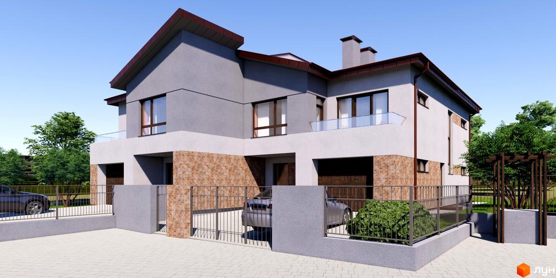 Котеджне містечко Великі Гаї: двоповерховий будинок з сірими та білими фасадами, цегляними вставками, балконами. Територія з бруківкою, огорожею та деревами.