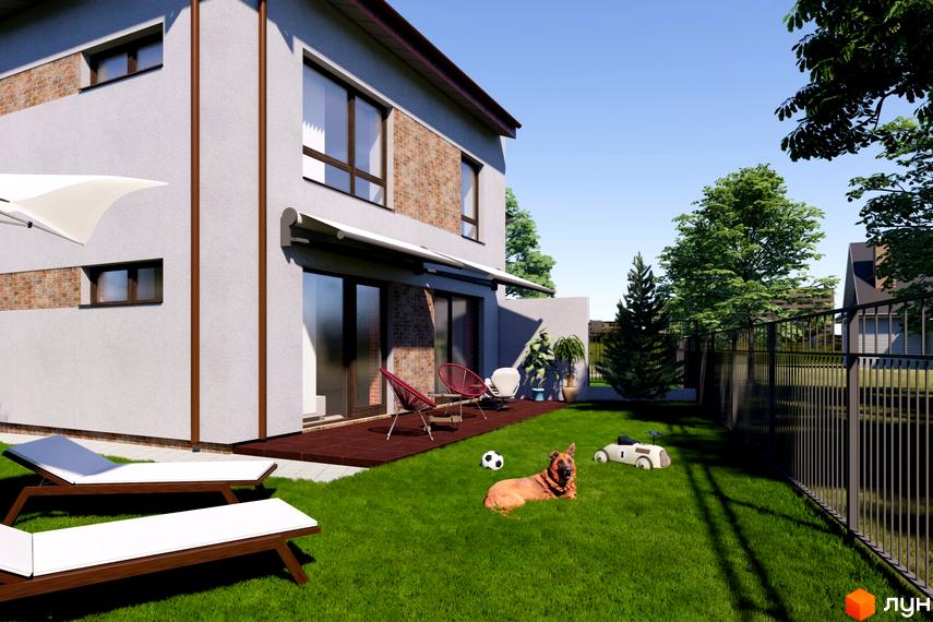 Котеджне містечко Великі Гаї: двоповерховий будинок зі світлими стінами, цегляними вставками та великими вікнами, поруч зелений газон з терасою.