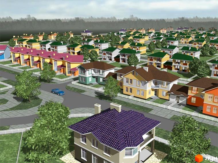 Зображення житлового комплексу. На зображенні видно котеджі з різними кольорами дахів та фасадів. На території є дерева та дороги.