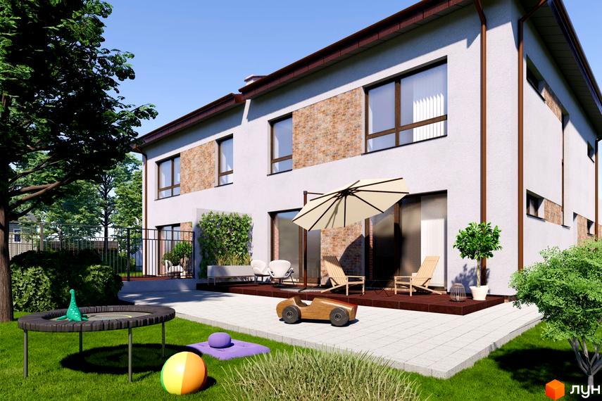 Котеджне містечко Великі Гаї: двоповерховий будинок з білим фасадом та цегляними вставками, поруч зелений двір з терасою та ігровою зоною.