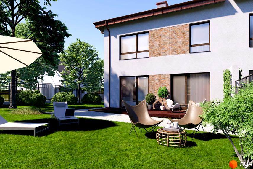 Двоповерховий будинок Котеджного комплексу Великі Гаї з білим фасадом, цегляними елементами та великими вікнами. На подвір'ї зелений газон, дерева та зона відпочинку.