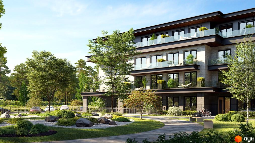 Житловий комплекс WILLBE Green Residence має багаторівневий фасад з великими вікнами та балконами. Прибудинкова територія доглянута, з деревами, газонами та пішохідними доріжками.