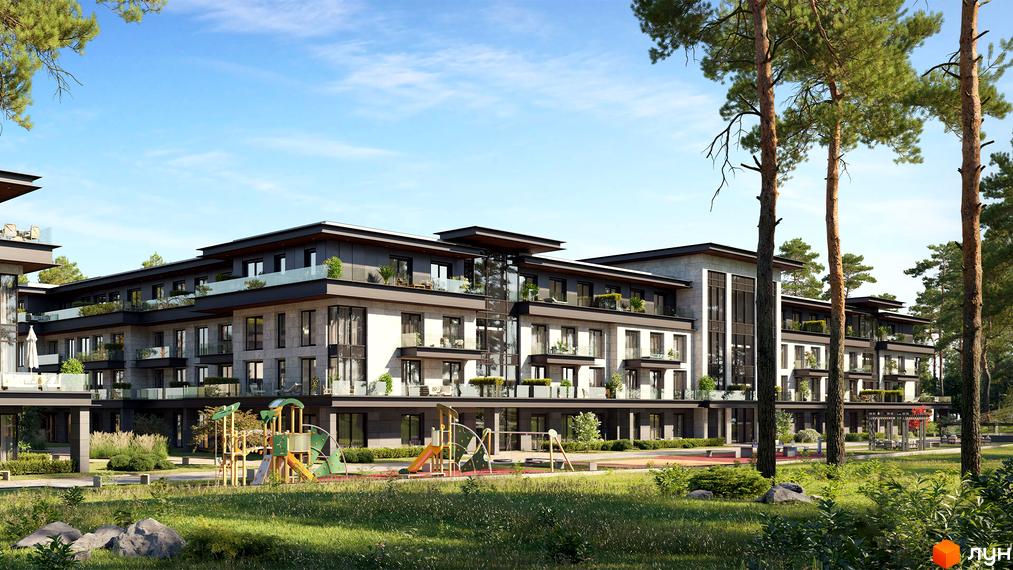 Житловий комплекс WILLBE Green Residence з багатоповерховими будинками світлого кольору. На території видно сосни, зелені насадження та дитячий майданчик.
