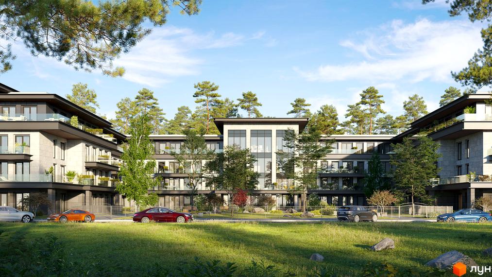 Житловий комплекс WILLBE Green Residence: малоповерхові будинки зі світлими фасадами та балконами, оточені деревами та зеленими газонами.