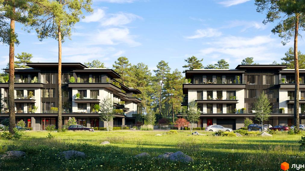 Житловий комплекс WILLBE Green Residence: два багатоповерхові будинки з темними вікнами та світлими фасадами, оточені соснами та зеленим газоном.