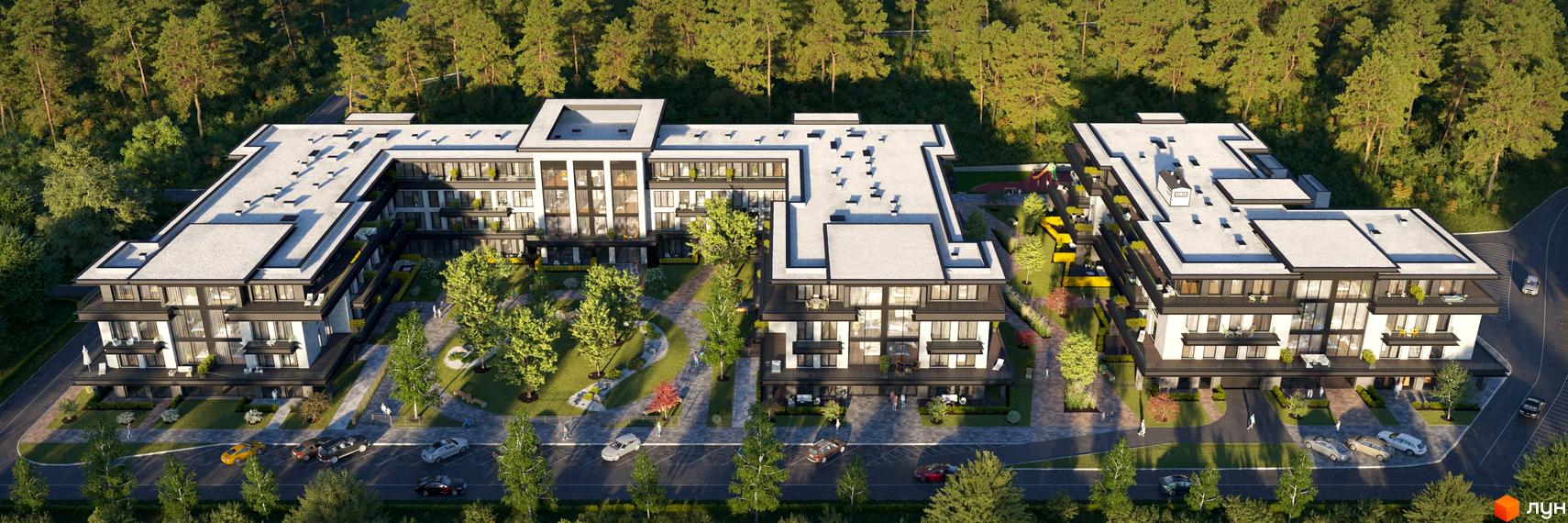 Житловий комплекс WILLBE Green Residence з багатоповерховими будинками світлих тонів та великими вікнами. Прибудинкова територія озеленена деревами та доріжками.