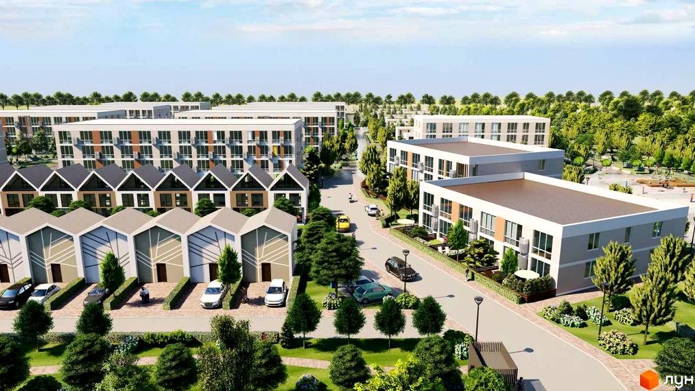 Таунхауси Sanville Park з сучасними фасадами та доглянутою прибудинковою територією з деревами та газонами. На зображенні видно дороги, автомобілі та дитячий майданчик.