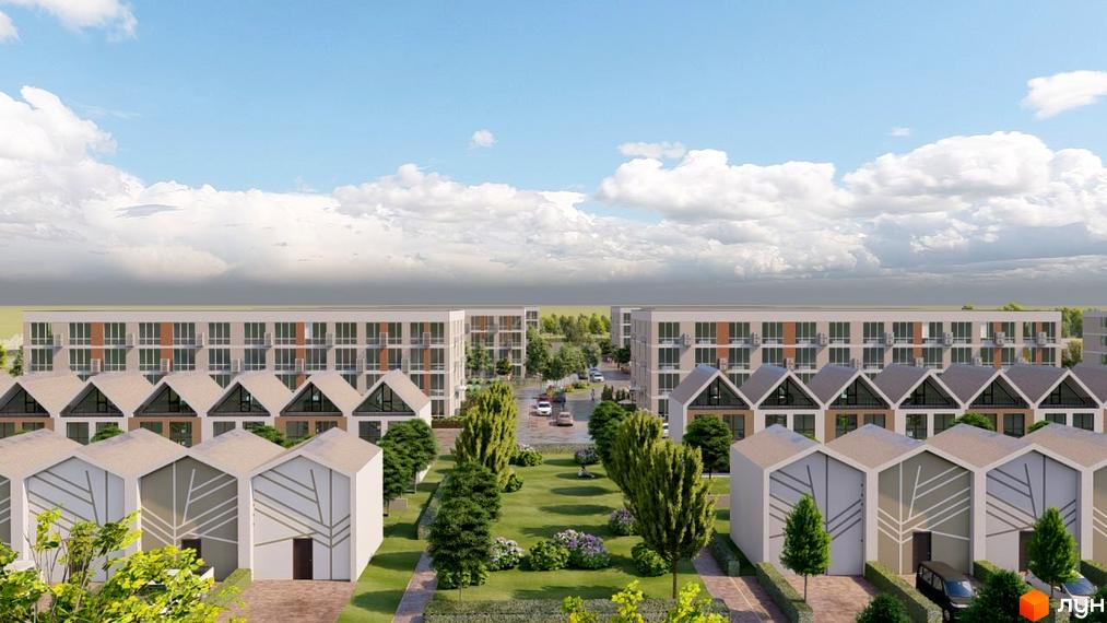 Таунхауси Sanville Park - нова житлова забудова з акуратними фасадами та доглянутою прибудинковою територією з газонами та деревами.