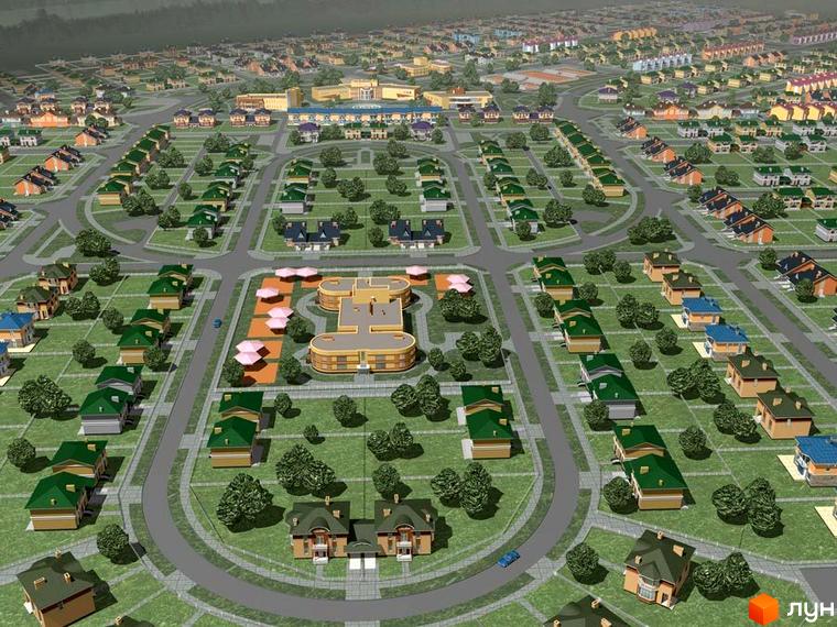 Зображення житлового комплексу КМ Нова Богданівка. На фото видно малоповерхові будинки з зеленими дахами, розташовані на доглянутій території з деревами та дорогами.