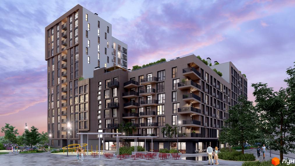 Житловий комплекс Фруктова Алея - це сучасна новобудова з балконами та великими вікнами, розташована на фоні вечірнього неба. Прибудинкова територія облаштована зонами відпочинку та зеленими насадженнями.