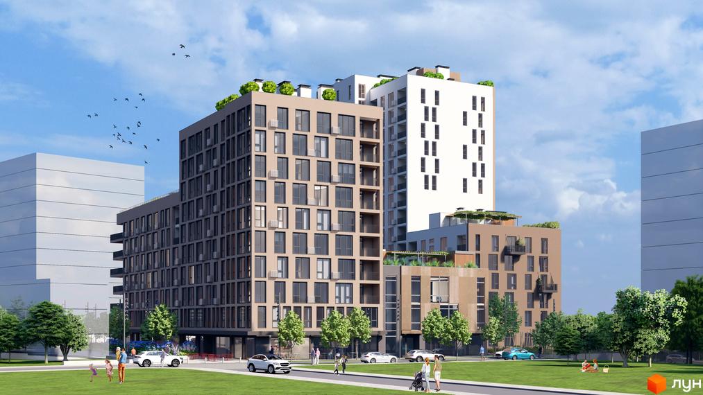 Житловий комплекс Фруктова Алея: фасади будівель з панорамними вікнами та балконами, зелена прибудинкова територія з деревами та місцями для відпочинку.