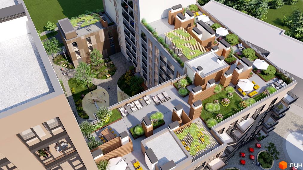 Житловий комплекс Фруктова Алея з терасами та зеленими зонами. На території є дитячий майданчик, місця для відпочинку та зелені насадження.