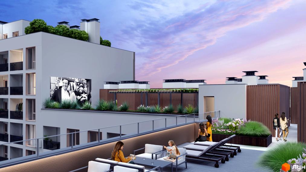 Житловий комплекс Фруктова Алея: сучасна архітектура будівлі з терасою та зоною відпочинку на даху. На території розміщені зелені насадження та місця для дозвілля.