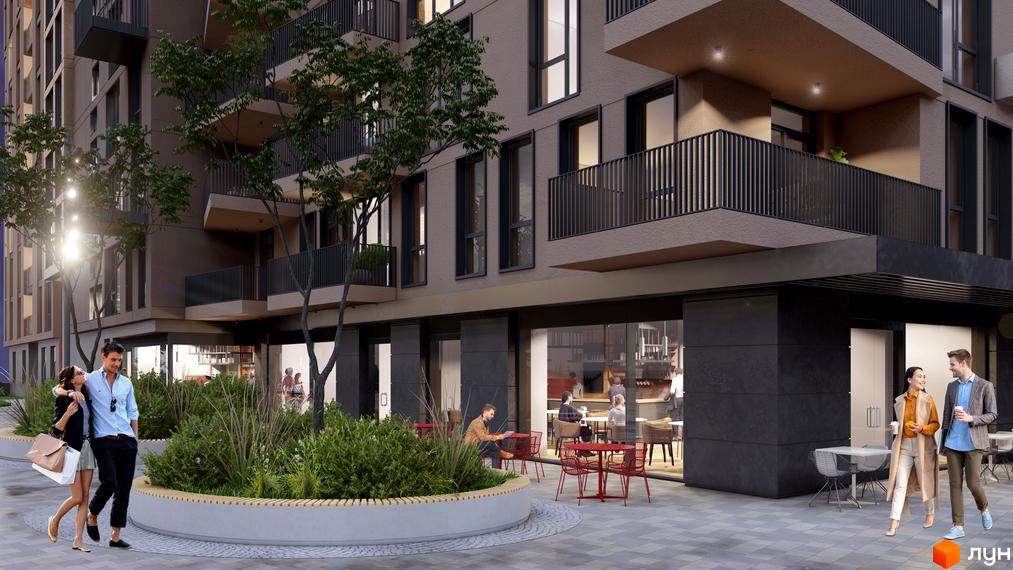 Зовнішній вигляд новобудови ЖК Фруктова Алея з балконами та вікнами, а також прибудинкова територія з лавками та зеленню.