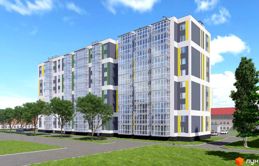 Зовнішній вигляд новобудови на вулиці Стрілецька, 1, з великою кількістю скляних балконів та сіро-біло-жовтим фасадом. Навколо будинку зелена прибудинкова територія з деревами та доріжками.