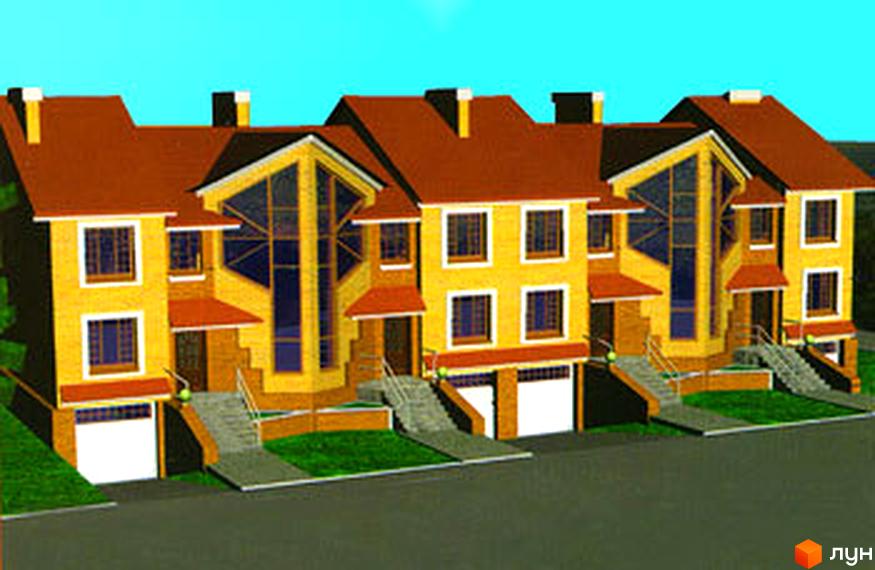 Зовнішній вигляд котеджного комплексу КМ Нові Петровці з червоною покрівлею та прибудинковою територією. Видно сходи та зелені насадження.