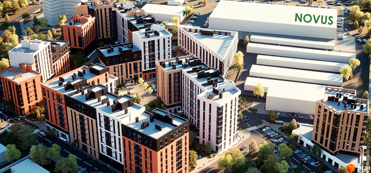 Новобудова PERFECT City з фасадами різних кольорів та прибудинковою територією з деревами та дорогою. На задньому плані біла будівля з написом NOVUS.