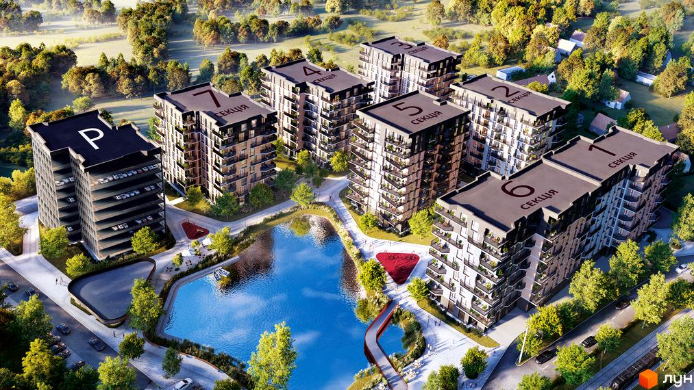 Вигляд з висоти на Житловий комплекс Dream Lake з багатоповерховими будинками, озером та зеленими насадженнями.