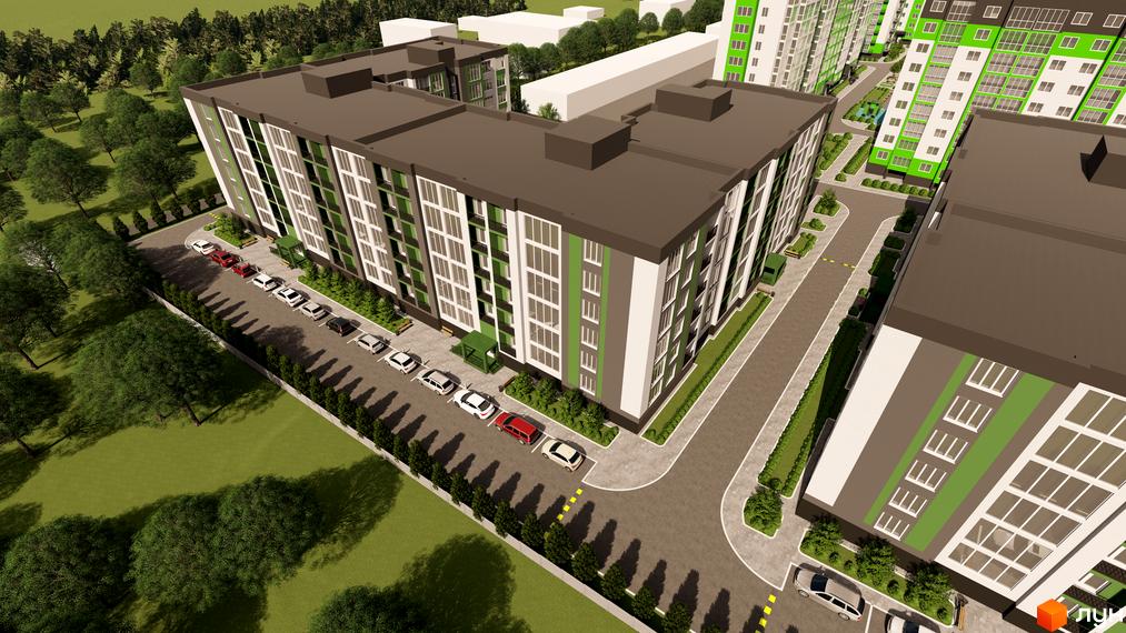 Житловий комплекс Living Park з фасадами, оздобленими зеленими та білими елементами. Перед будинком розташована парковка та зелена зона з деревами.