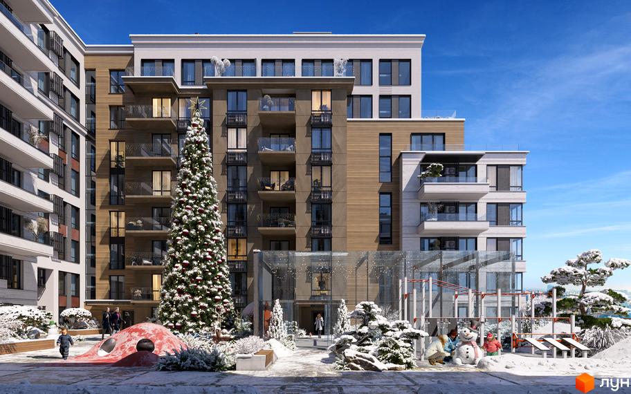 Olegiv Boutique Residence – новобудова з балконами та панорамними вікнами, прибудинкова територія з ялинкою та дитячим майданчиком у снігу.