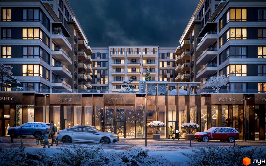 Будівельний проєкт OLEGIV Boutique Residence з фасадами з великою кількістю вікон та балконів, зимовий вечір, прибудинкова територія з деревами та автомобілями.