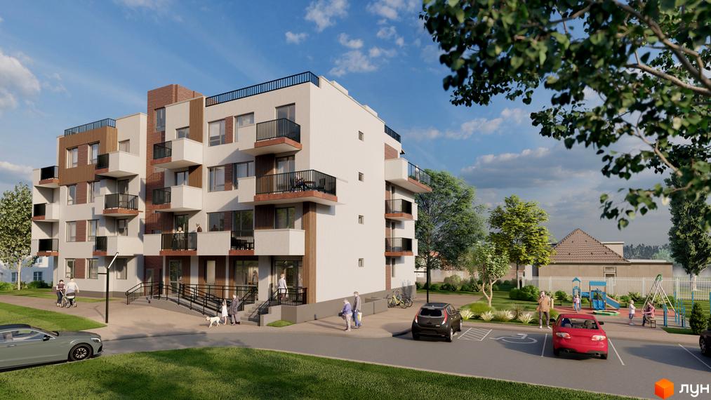 Житловий комплекс Morshyn Apartments: багатоквартирний будинок світлого кольору з балконами, поруч зелена зона, парковка та дитячий майданчик.