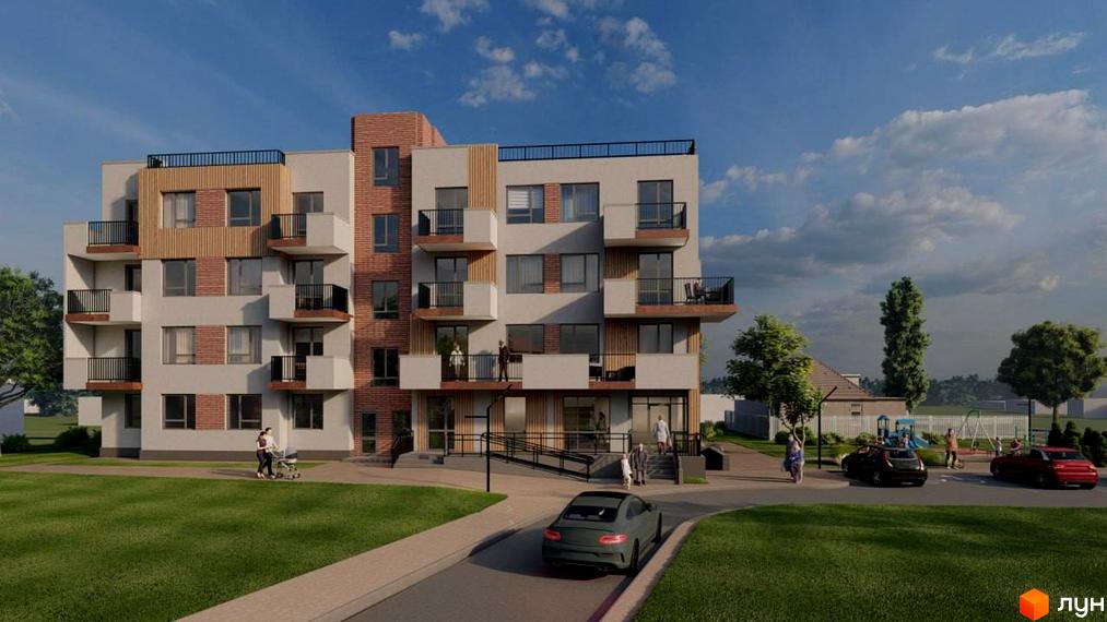 Житловий комплекс Morshyn Apartments: багатоповерховий будинок з сірими та цегляними фасадами, балконами, оточений зеленими газонами та доріжками.