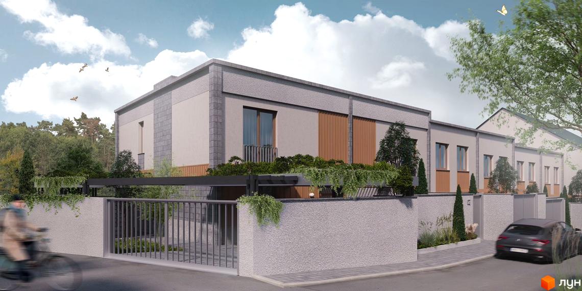 Таунхаус Luxor Gardens: фасади будівель світлого відтінку з сірими та дерев'яними вставками. Прибудинкова територія озеленена, з огорожею та дорогою.