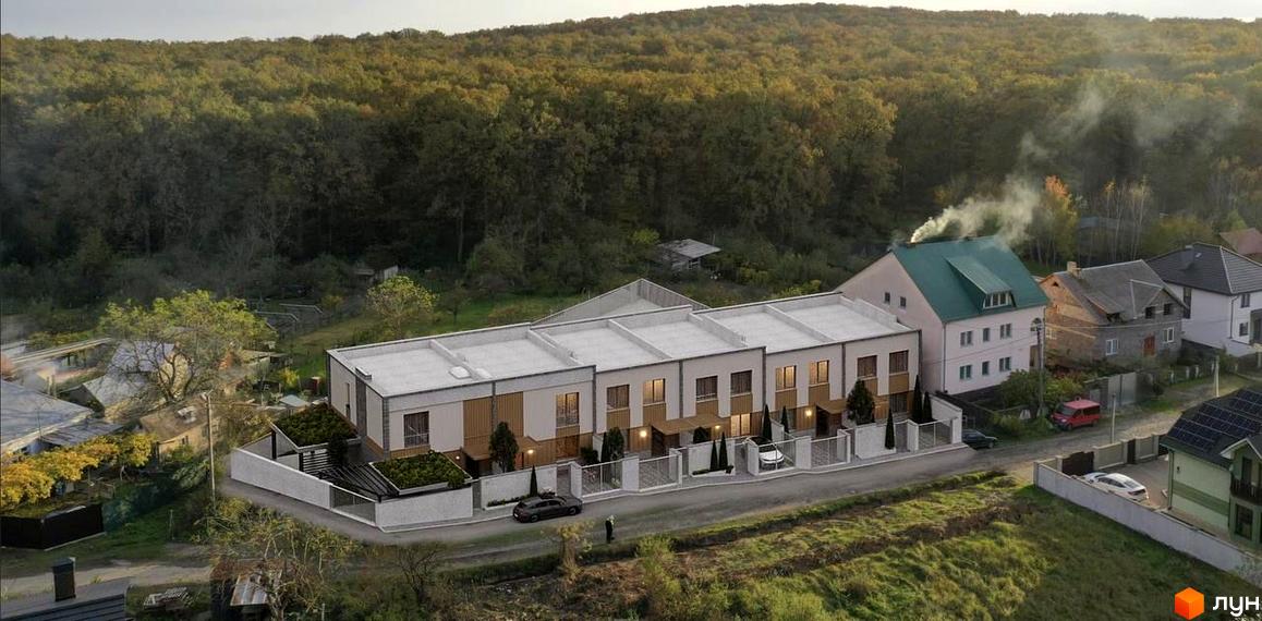 Таунхаус Luxor Gardens: ряд будинків зі світлими фасадами та плоскими дахами. Розташований на тлі лісу, з прибудинковою територією та дорогою.