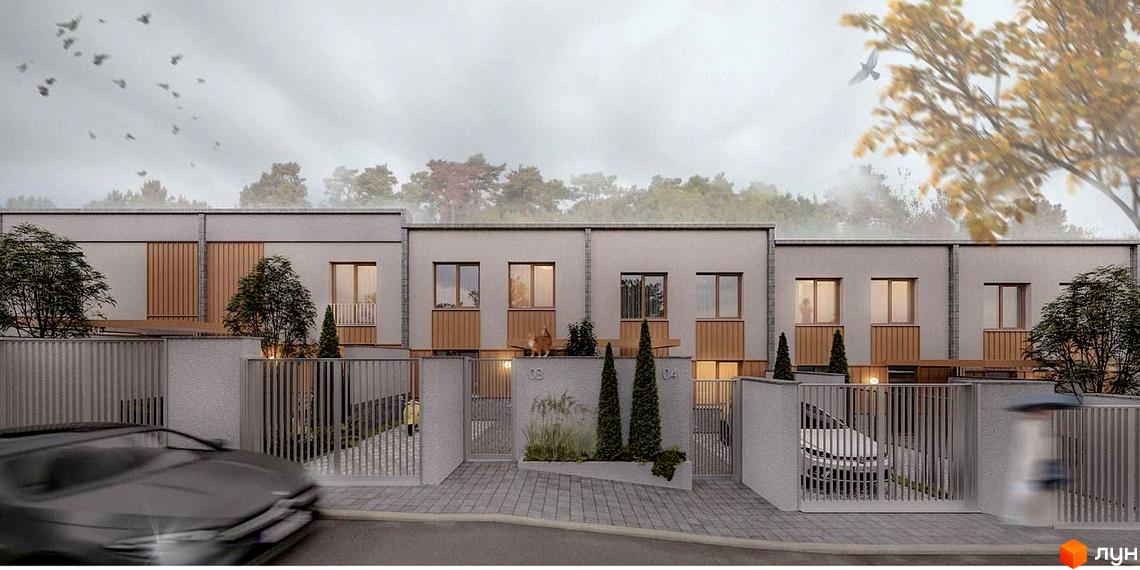 Таунхаус Luxor Gardens: ряд світлих будинків з вікнами та дерев'яними вставками. Прибудинкова територія має огорожі, зелені насадження та проїжджу частину.