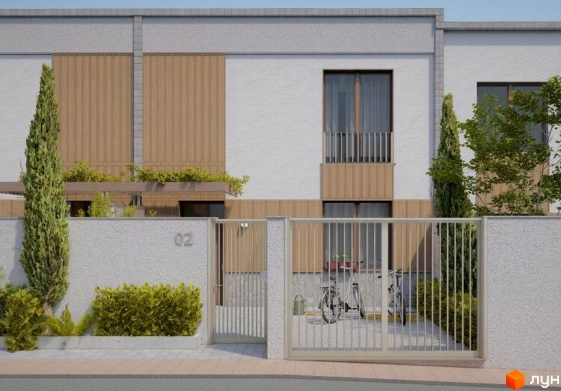 Таунхаус Luxor Gardens має світлі фасади з дерев'яними елементами та великими вікнами. Територія облаштована огорожею, зеленими насадженнями та воротами.