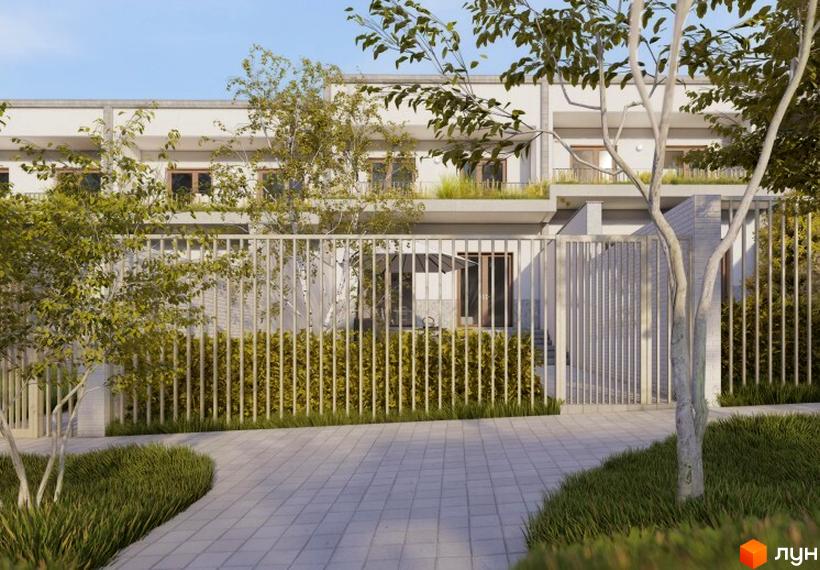 Таунхаус Luxor Gardens: білий будинок з зеленими терасами, огорожею, доглянутими газонами та брукованою доріжкою.