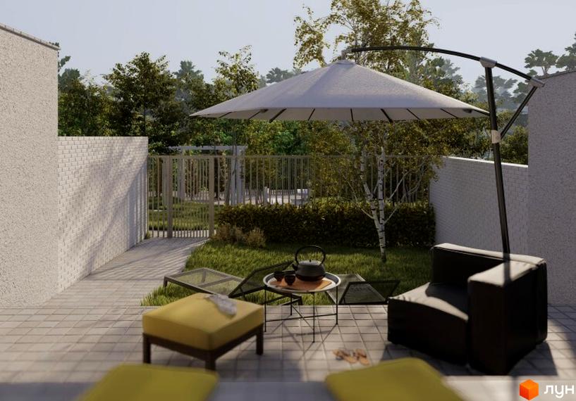 Таунхаус Luxor Gardens: світлі фасади, вимощена тераса, зелена галявина та зона відпочинку з парасолею.